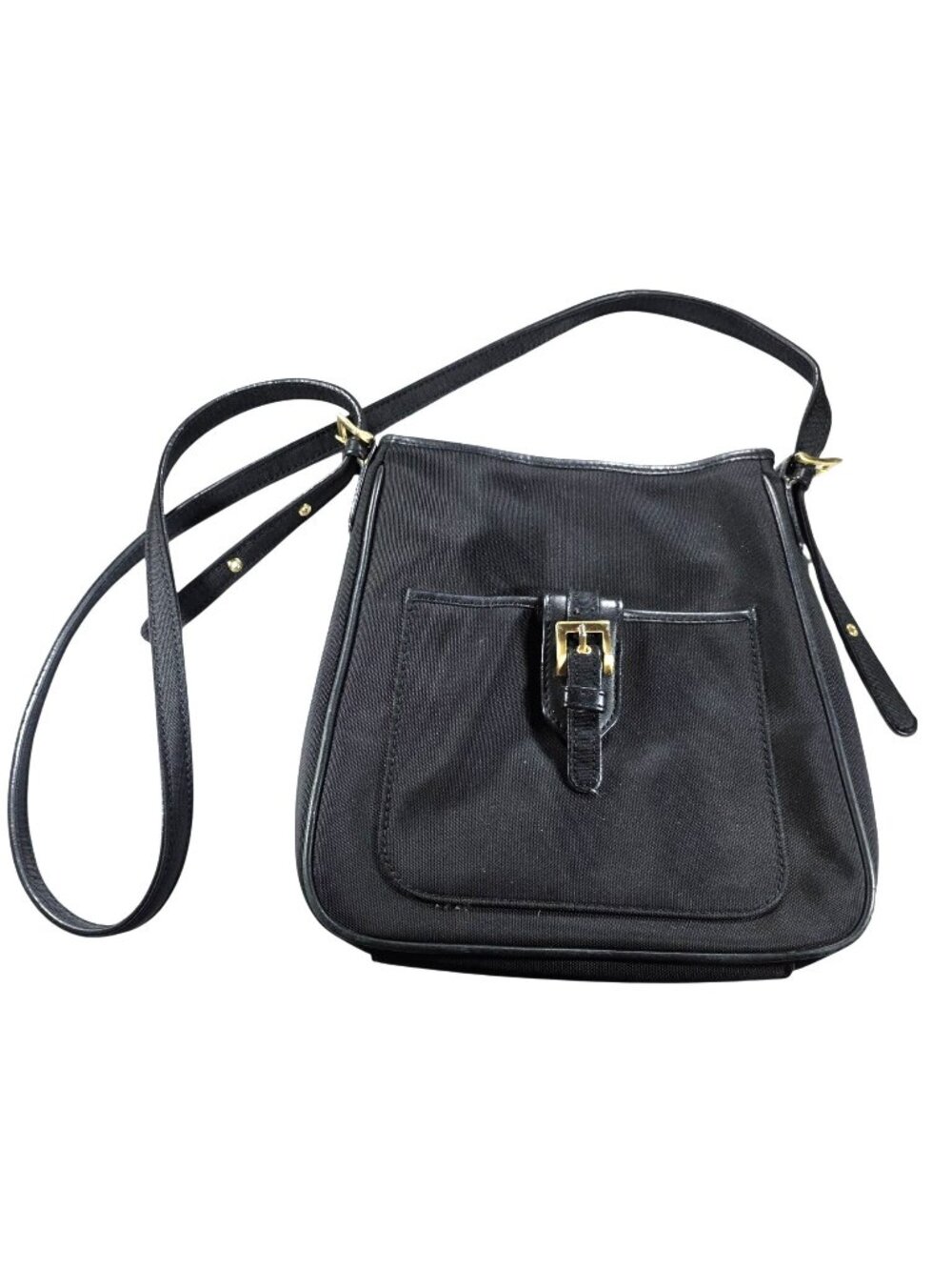 Talbots Black Nylon Shoulder Bag Adjustable Strap Gold Buckle Accents